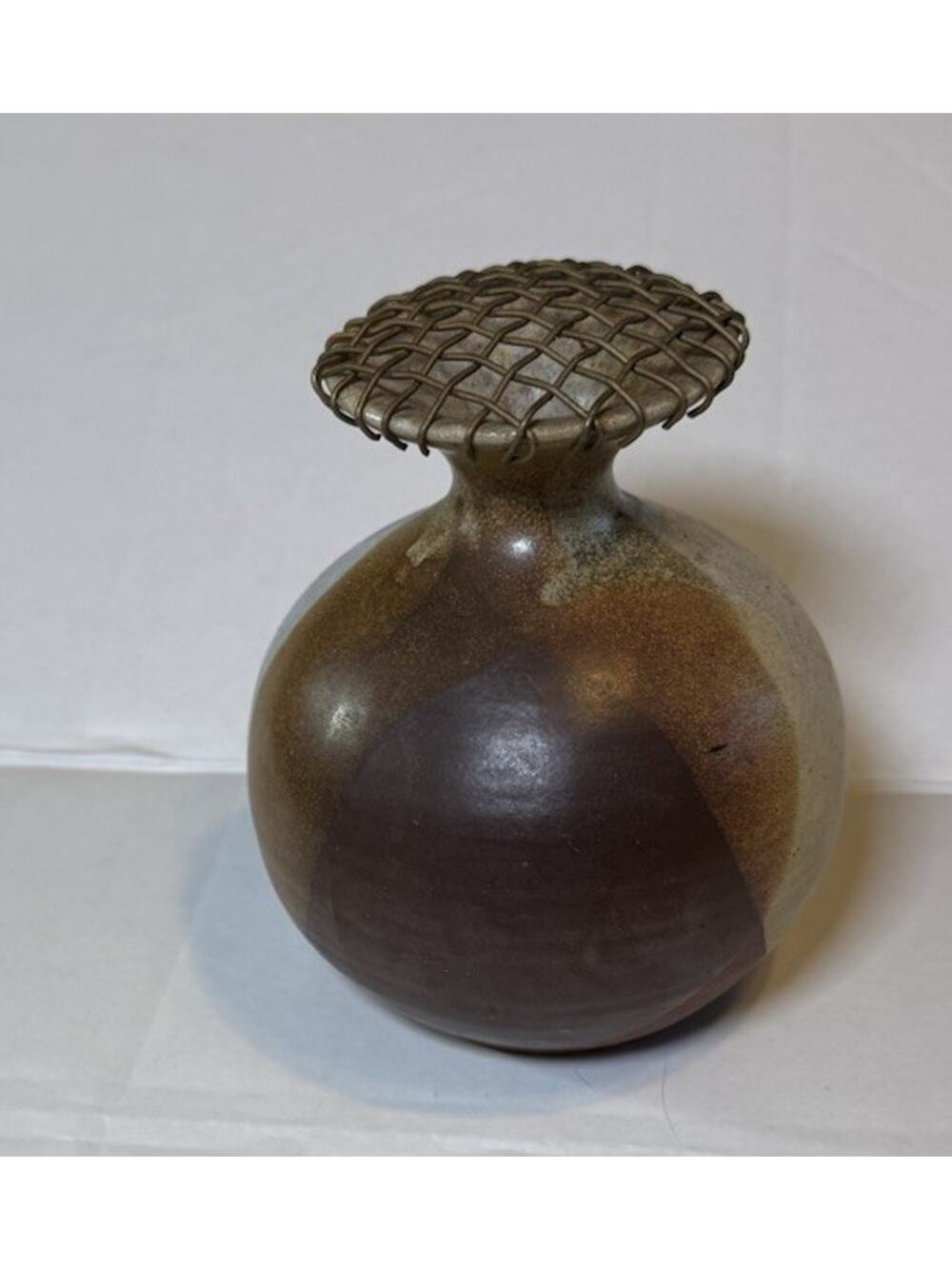 Artisan Studio Art Pottery Vase Flower Metal Frog Floral Arranging Small Brown